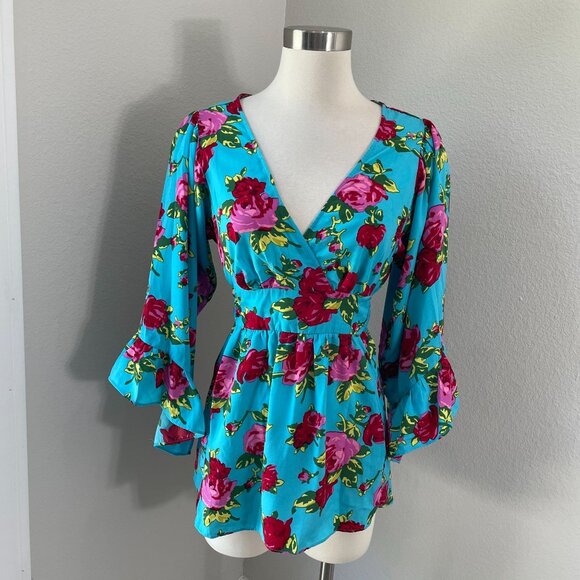 Betsey Johnson Tops - Betsey Johnson Womens Small Floral Blouse Bell Sleeves V Neck Waist Tie Top